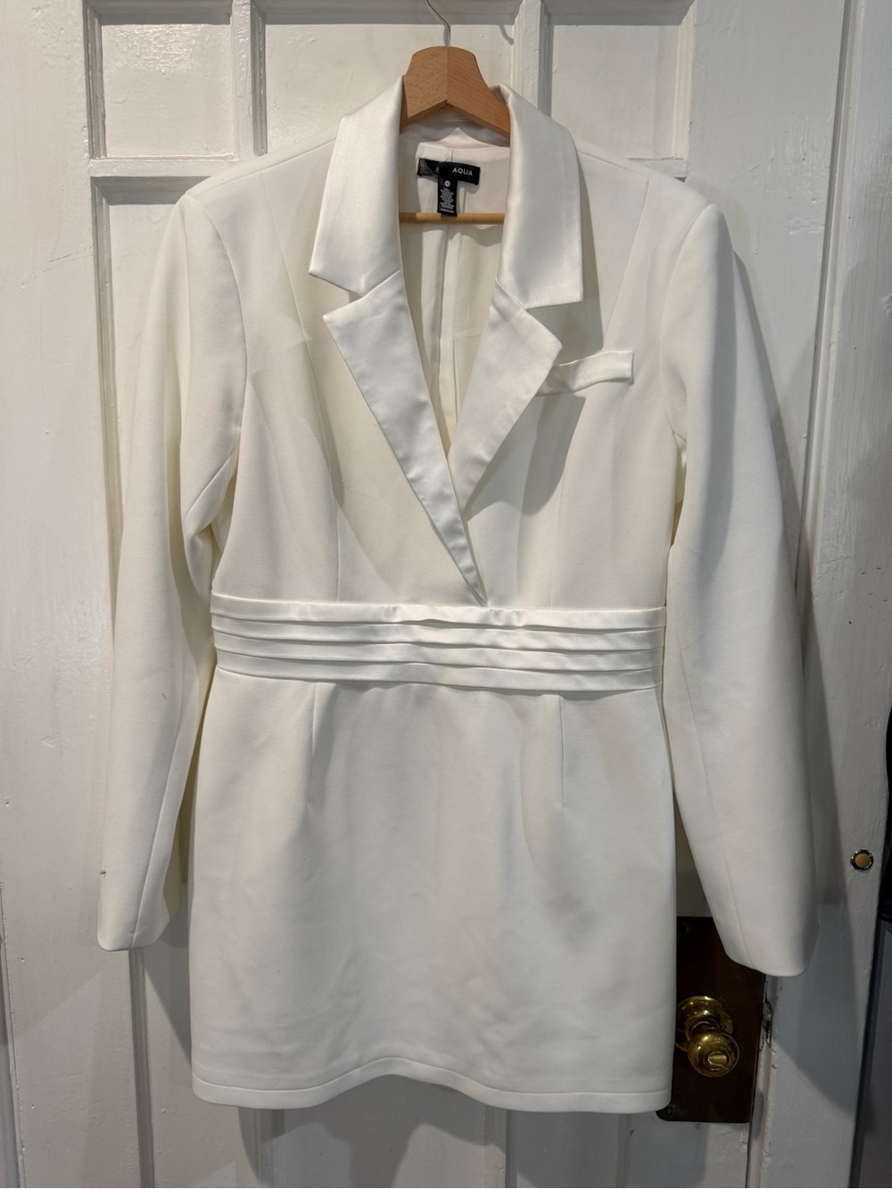 Aqua White Satin-Trim Mini Blazer Dress